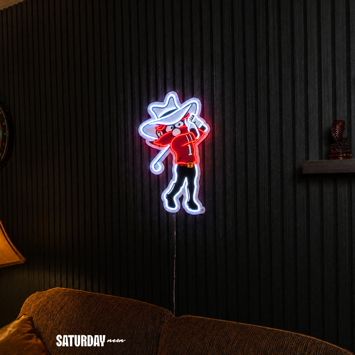 Texas Tech Red Raiders Raider Red Golf Mascot LED Neon Sign - 15.46" x 24" above a couch - Saturday Neon