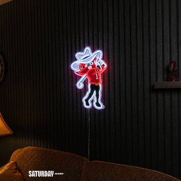 Texas Tech Red Raiders Raider Red Golf Mascot LED Neon Sign - 15.46" x 24" above a couch - Saturday Neon