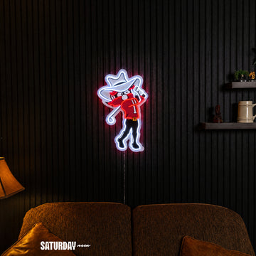 Texas Tech Red Raiders Raider Red Golf Mascot LED Neon Sign - 15.46" x 24" in a living room - Saturday Neon