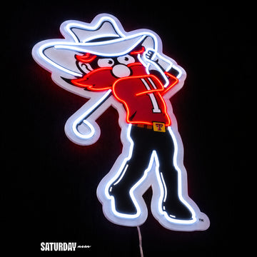 Texas Tech Red Raiders Raider Red Golf Mascot LED Neon Sign - 15.46" x 24" close-up - Saturday Neon