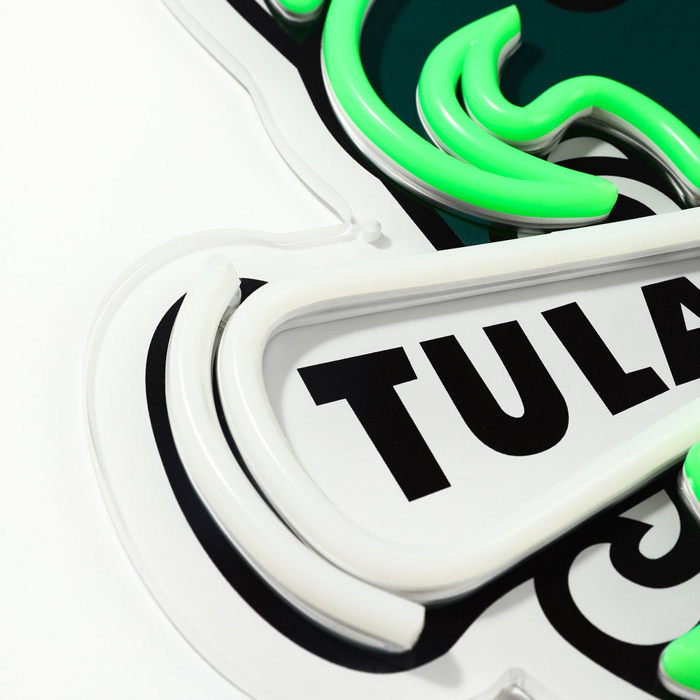 Tulane Green Wave logo LED neon sign at a side angle