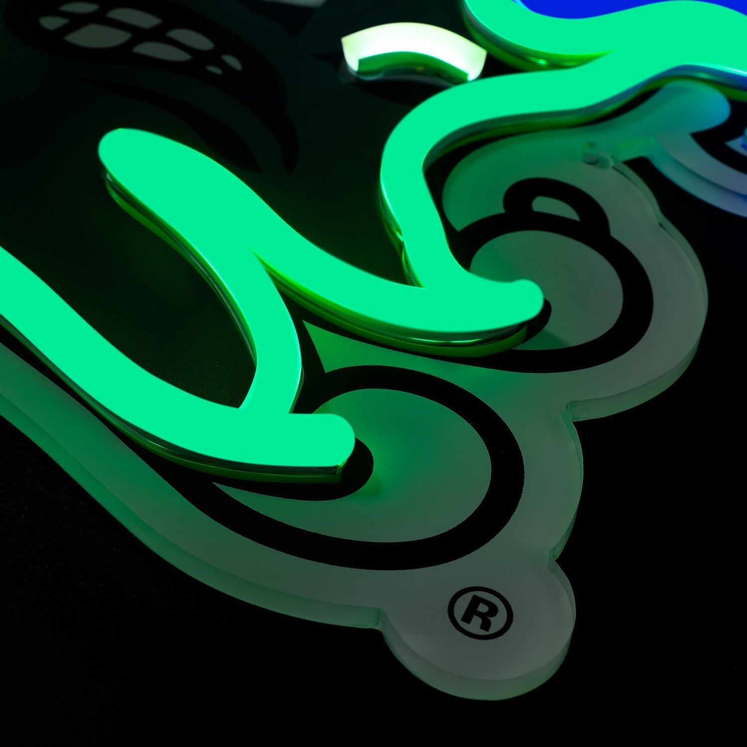 Tulane Green Wave logo LED neon sign at a side angle, lit