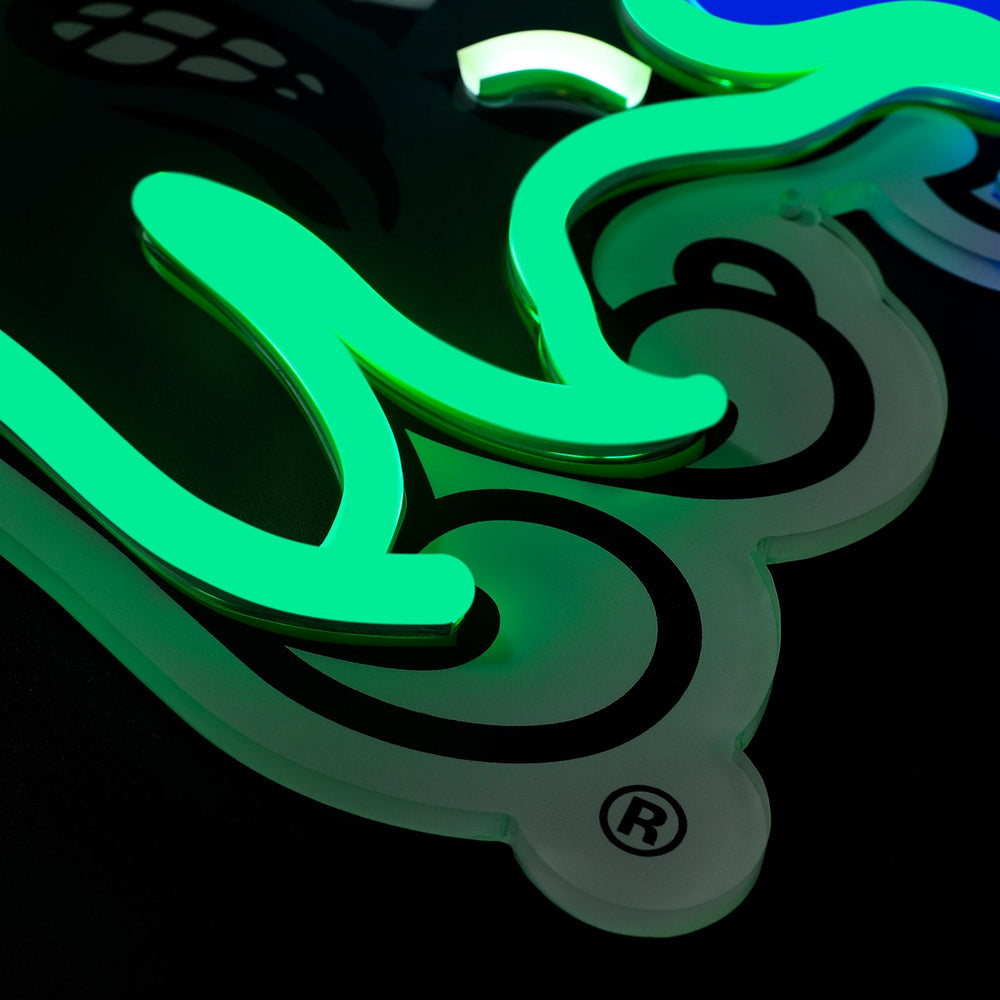 Tulane Green Wave logo LED neon sign at a side angle, lit