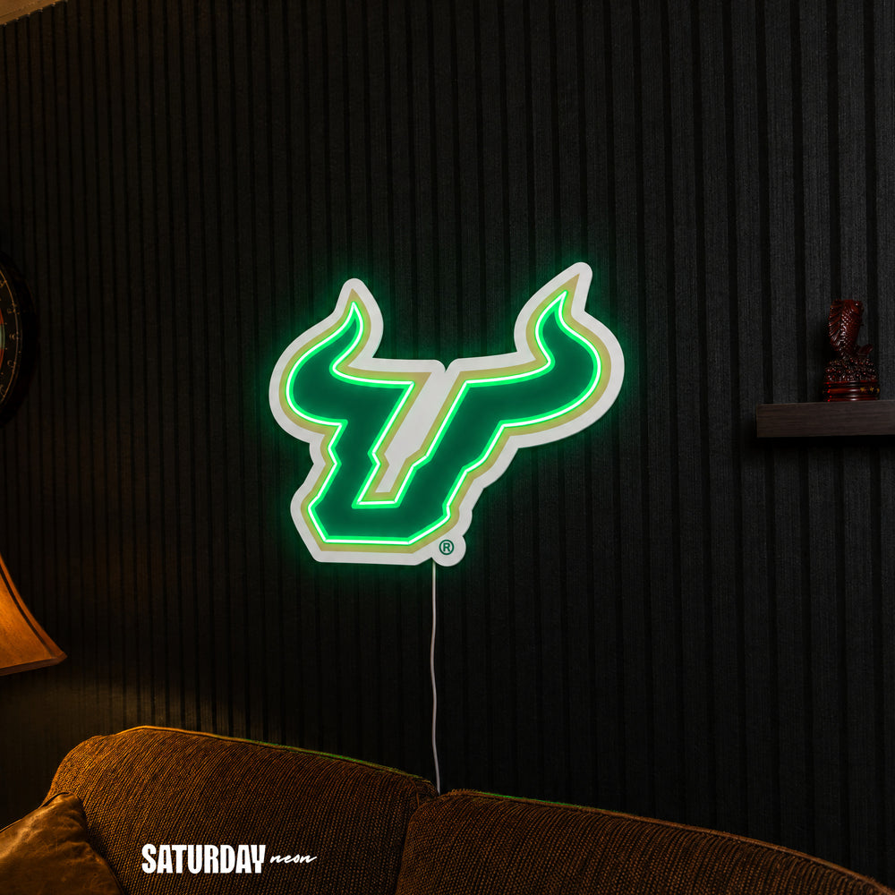 USF Bulls LED Neon Sign - Standard (15" x 12.21") above a couch - Saturday Neon