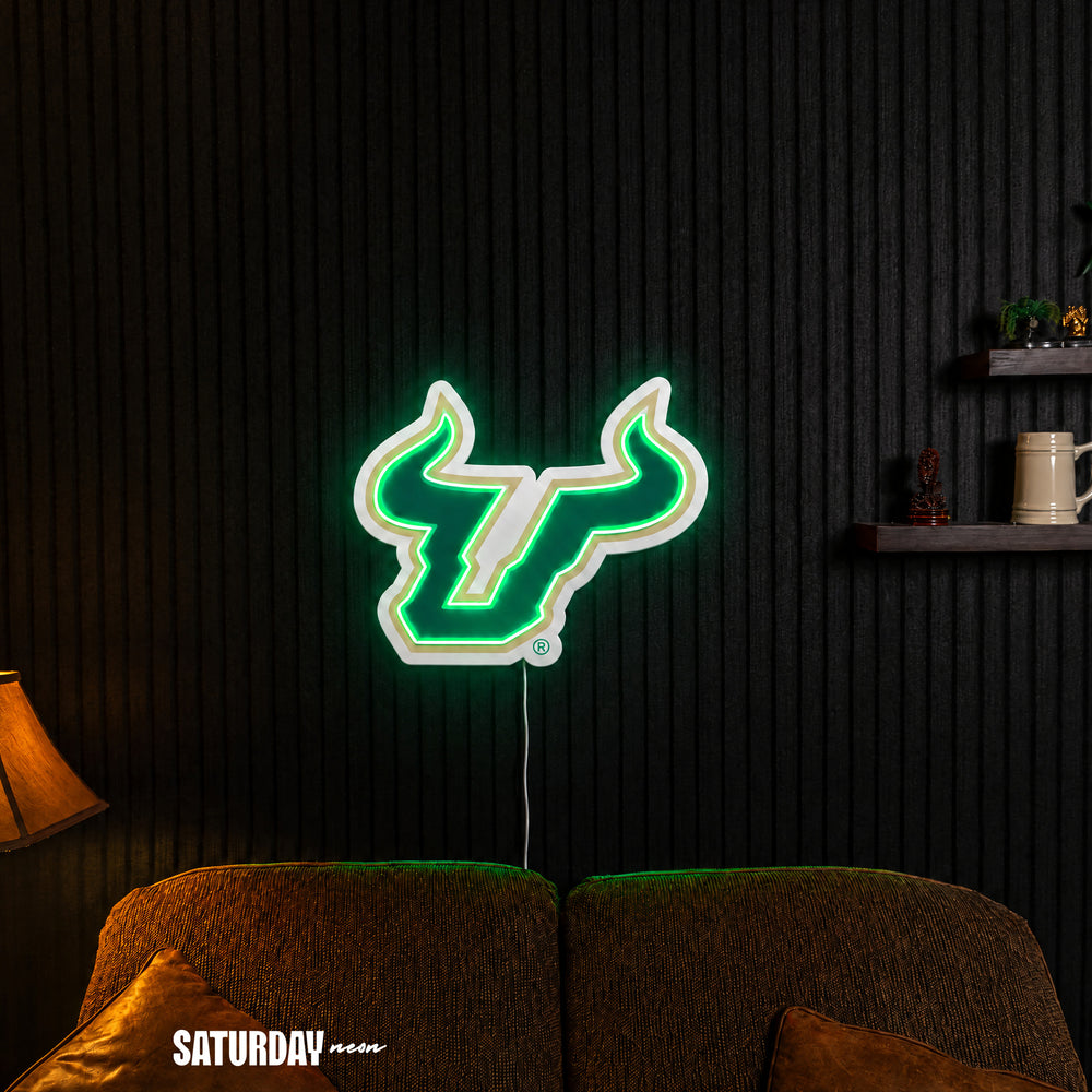 USF Bulls LED Neon Sign - Standard (15" x 12.21") in a living room - Saturday Neon
