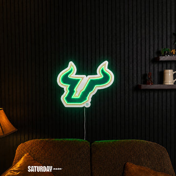 USF Bulls LED Neon Sign - Standard (15" x 12.21") in a living room - Saturday Neon