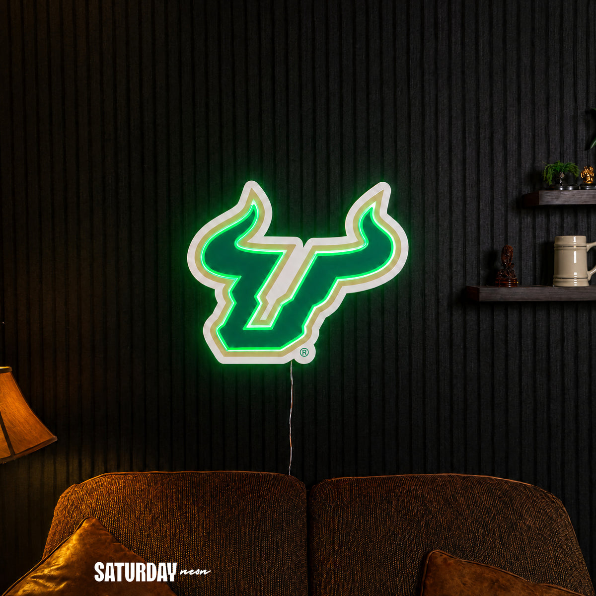 USF Bulls LED Neon Sign - Max (32" x 26.05") in a living room - Saturday Neon