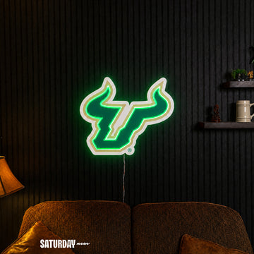 USF Bulls LED Neon Sign - Max (32" x 26.05") in a living room - Saturday Neon