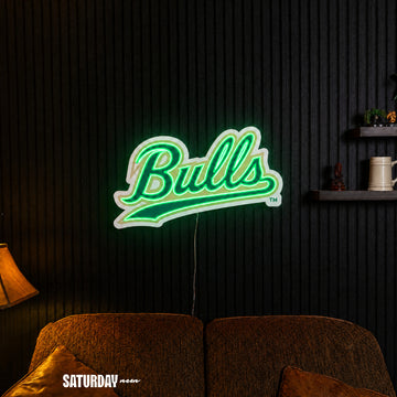 USF Bulls Script LED Neon Sign - 24" x 14.55" in a living room - Saturday Neon
