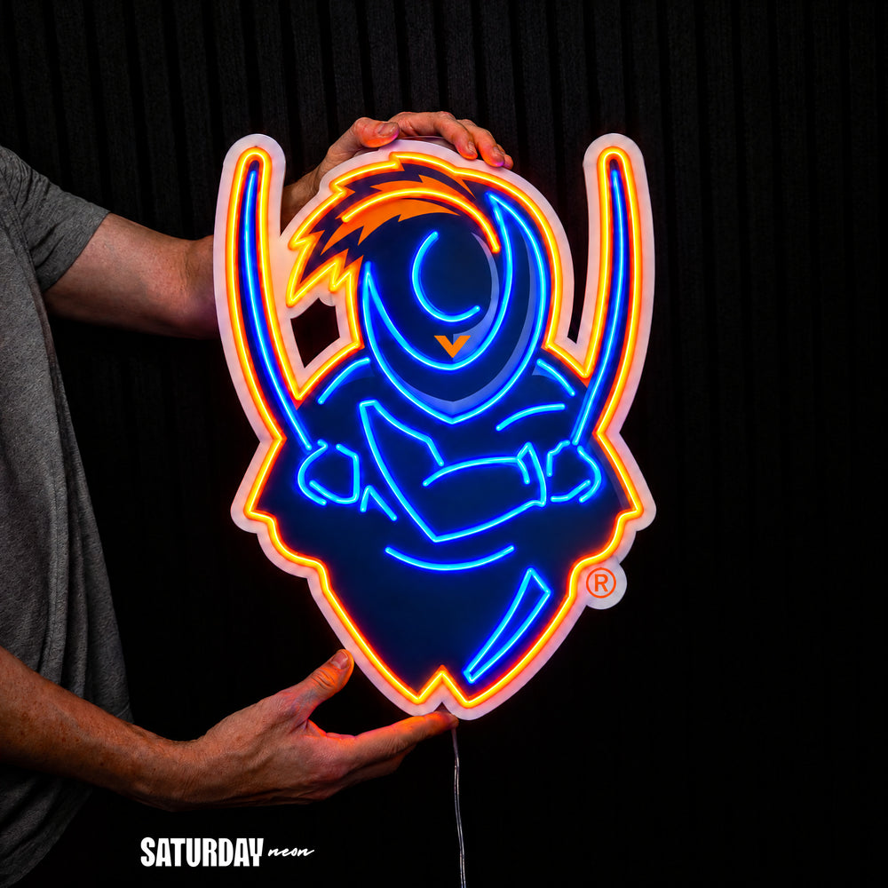 Virginia Cavaliers Cavalier Mascot LED Neon Sign - 18.47" x 24" held in hand for scale - Saturday Neon