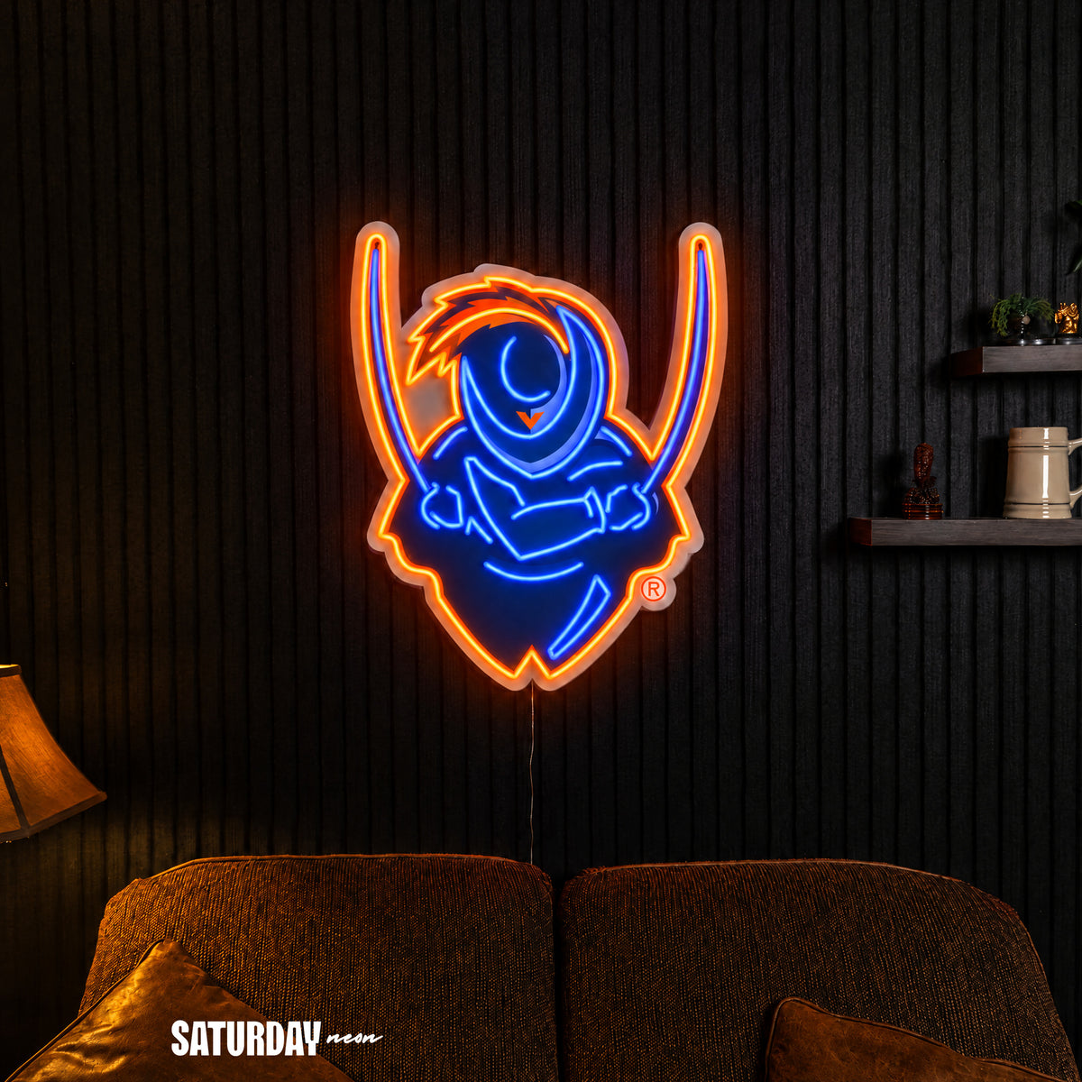 Virginia Cavaliers Cavalier Mascot LED Neon Sign - 18.47" x 24" in a living room - Saturday Neon