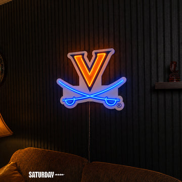 Virginia Cavaliers V-Sabre LED Neon Sign - Max (32" x 26.39") above a couch - Saturday Neon