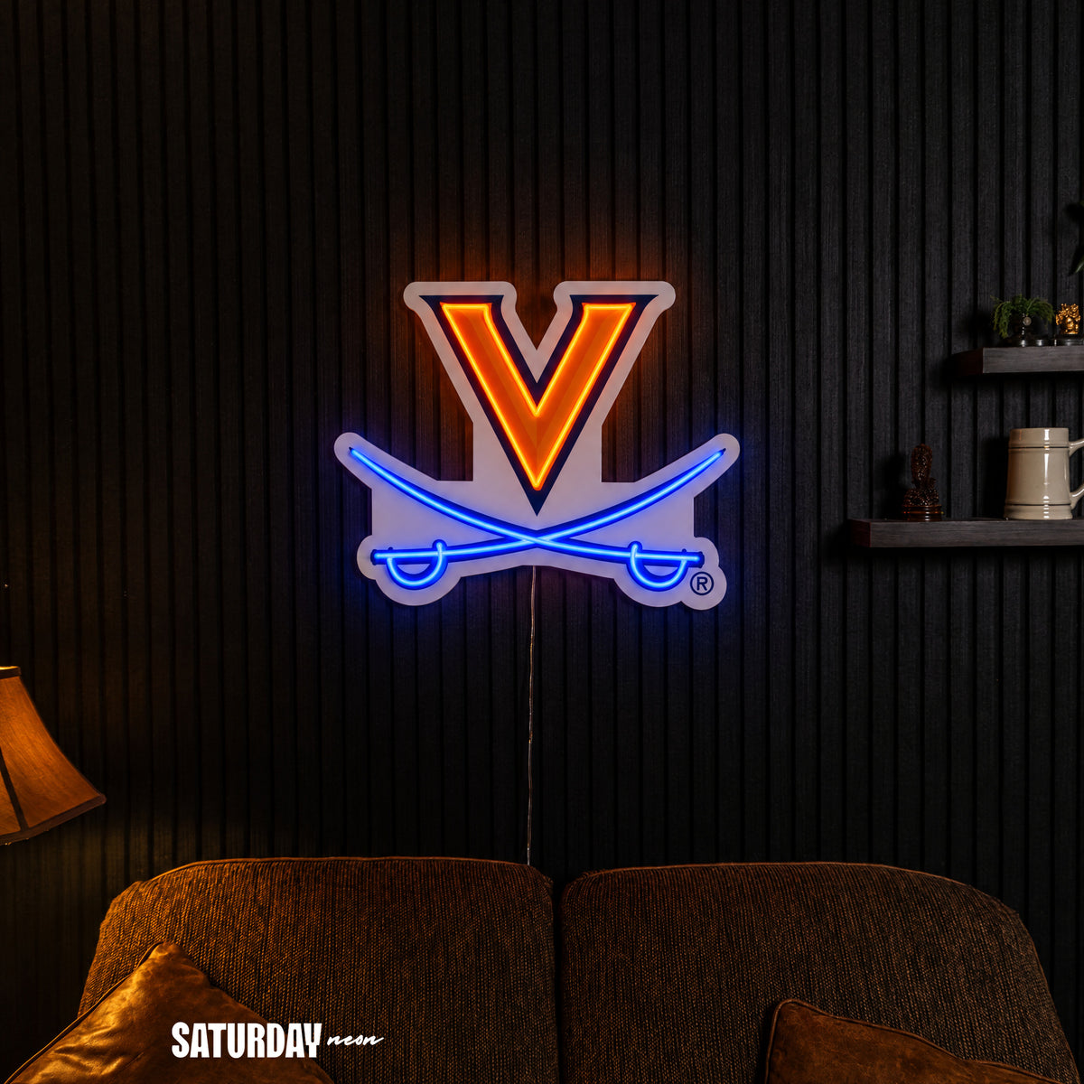 Virginia Cavaliers V-Sabre LED Neon Sign - Max (32" x 26.39") in a living room - Saturday Neon