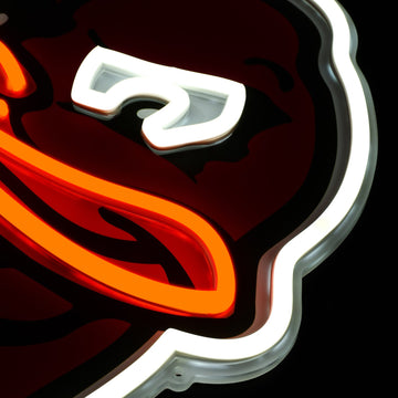 Virginia Tech HokieBird LED neon sign at a side angle, lit