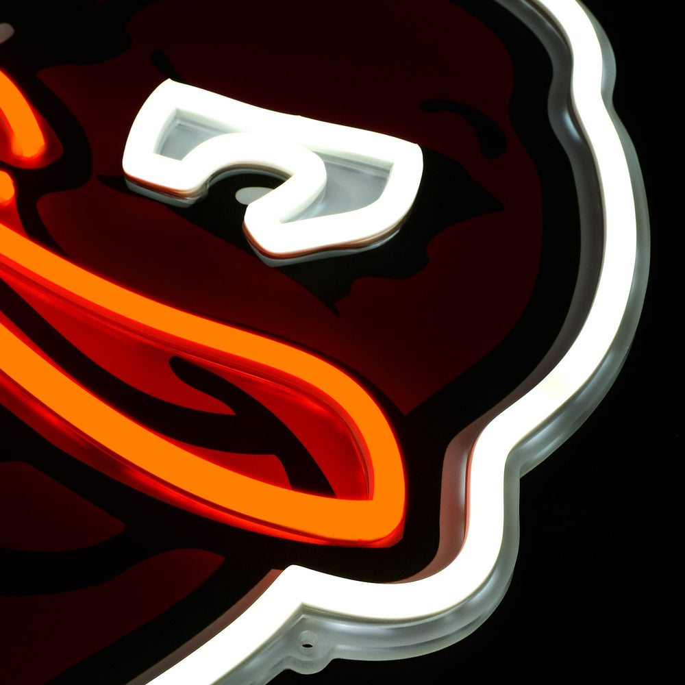 Virginia Tech HokieBird LED neon sign at a side angle, lit