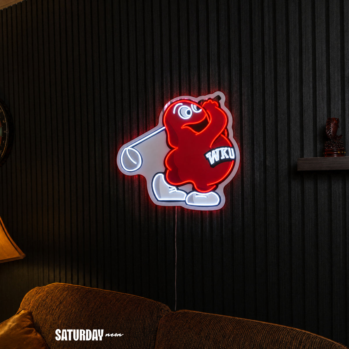 WKU Hilltoppers Big Red Golf Mascot LED Neon Sign - 24" x 23.92" above a couch - Saturday Neon