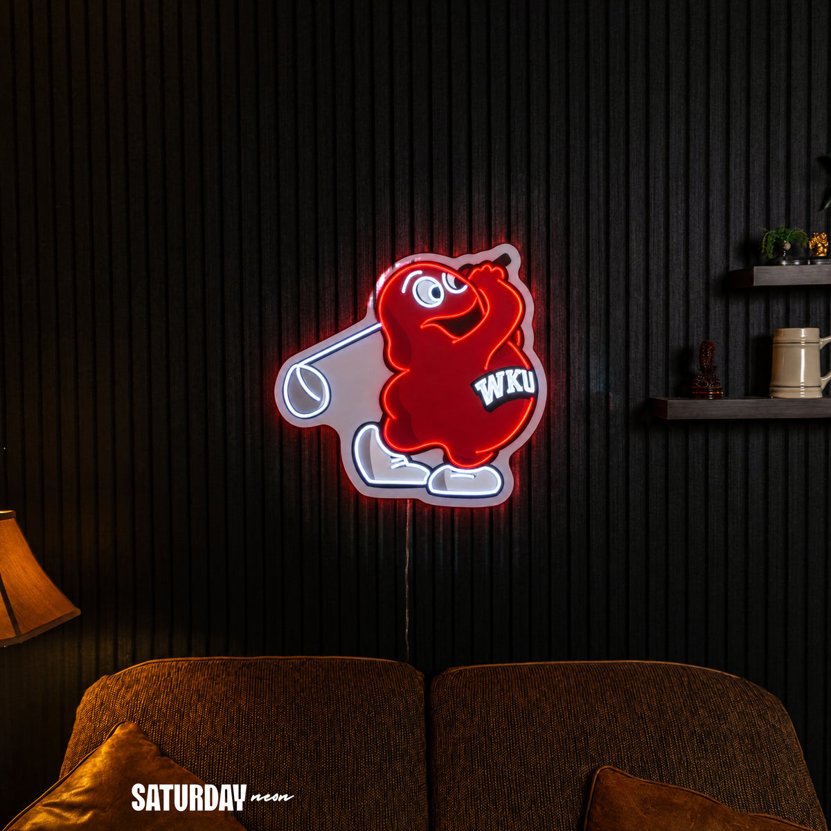 WKU Hilltoppers Big Red Golf Mascot LED Neon Sign - 24" x 23.92" in a living room - Saturday Neon
