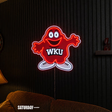 Western Kentucky Hilltoppers Big Red Mascot LED Neon Sign - 24" x 20.68" above a couch - Saturday Neon