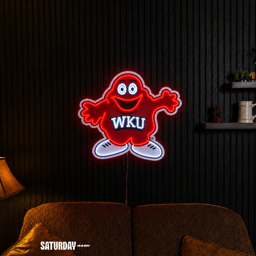 Western Kentucky Hilltoppers Big Red Mascot LED Neon Sign - 24" x 20.68" in a living room - Saturday Neon