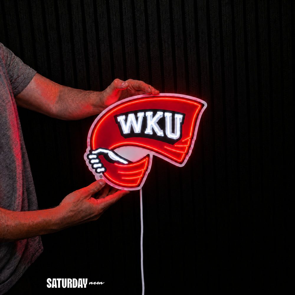 Western Kentucky Hilltoppers Red Towel LED Neon Sign - Standard (15" x 11.23") held in hand for scale - Saturday Neon