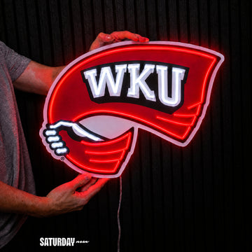 Western Kentucky Hilltoppers Red Towel LED Neon Sign - Plus (24" x 17.97") held in hand for scale - Saturday Neon