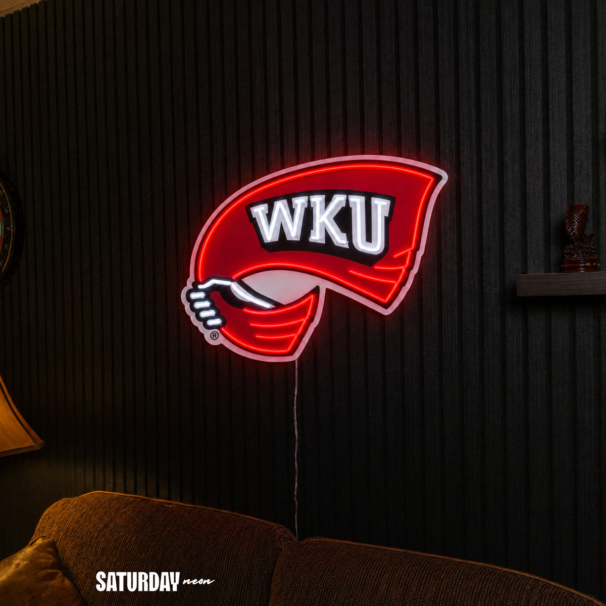 Western Kentucky Hilltoppers Red Towel LED Neon Sign - Plus (24" x 17.97") above a couch - Saturday Neon