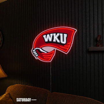Western Kentucky Hilltoppers Red Towel LED Neon Sign - Plus (24" x 17.97") above a couch - Saturday Neon