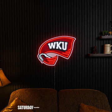 Western Kentucky Hilltoppers Red Towel LED Neon Sign - Plus (24" x 17.97") in a living room - Saturday Neon