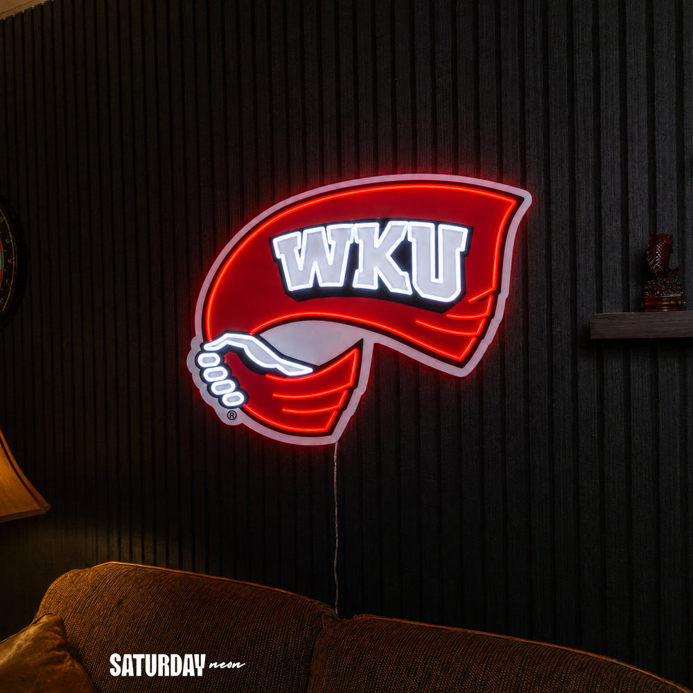 Western Kentucky Hilltoppers Red Towel LED Neon Sign - Max (32" x 23.96") above a couch - Saturday Neon