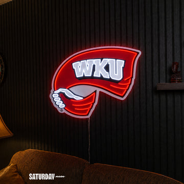 Western Kentucky Hilltoppers Red Towel LED Neon Sign - Max (32" x 23.96") above a couch - Saturday Neon