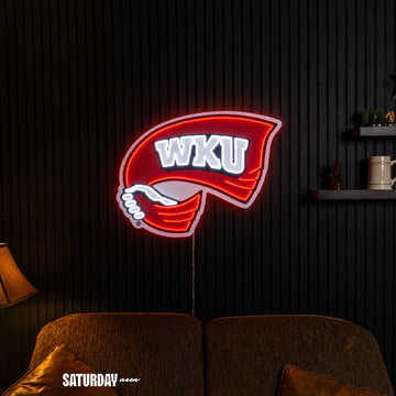 Western Kentucky Hilltoppers Red Towel LED Neon Sign - Max (32" x 23.96") in a living room - Saturday Neon