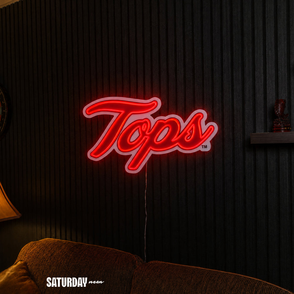 Western Kentucky Hilltoppers Tops Script LED Neon Sign - 24" x 13.85" above a couch - Saturday Neon