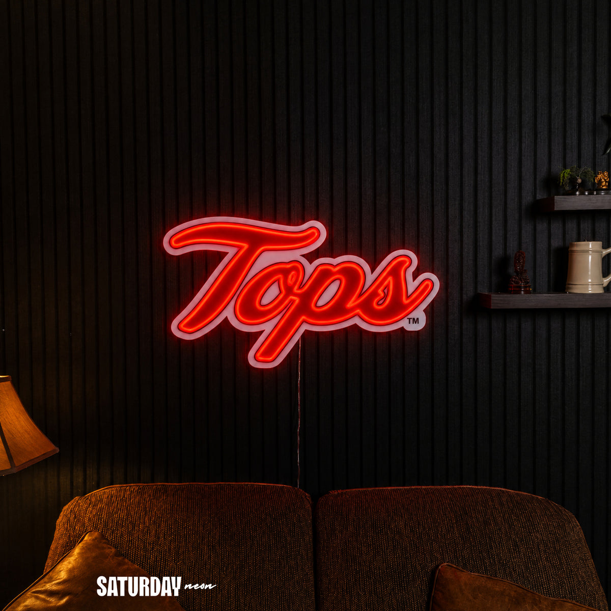 Western Kentucky Hilltoppers Tops Script LED Neon Sign - 24" x 13.85" in a living room - Saturday Neon