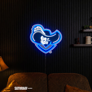 Xavier Musketeers Musketeer LED Neon Sign - 24" x 22.41" in a living room - Saturday Neon